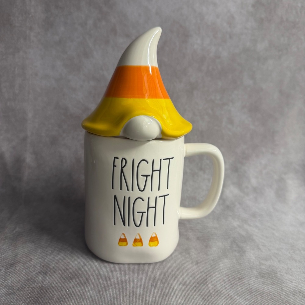 Rae Dunn Fright Night Mug White Candy Corn Gnome Lid Halloween Decor 16oz Cup